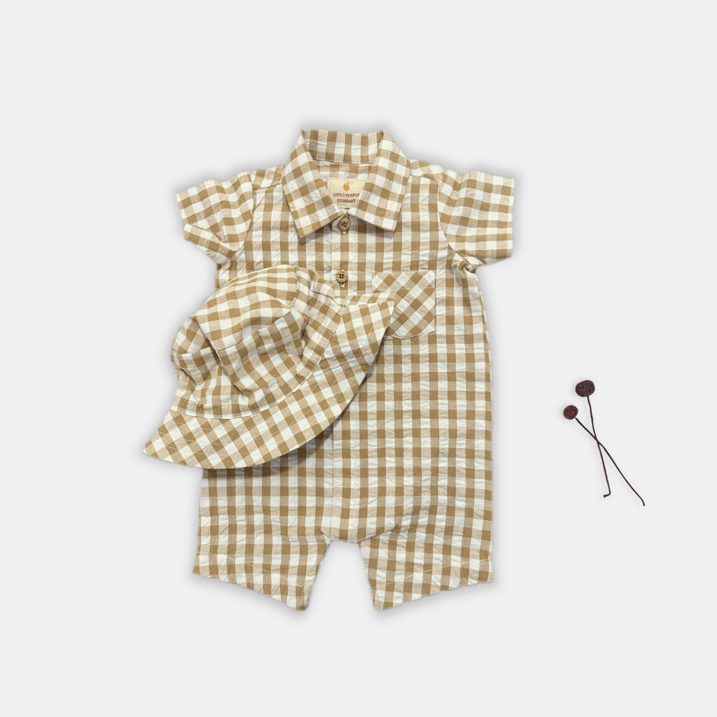 romper organic cotton seer sucker checks hat popper 