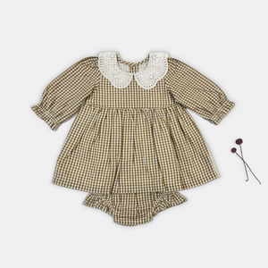 cotton dress brown gingham organic sustainable newborn photography collar baby shower